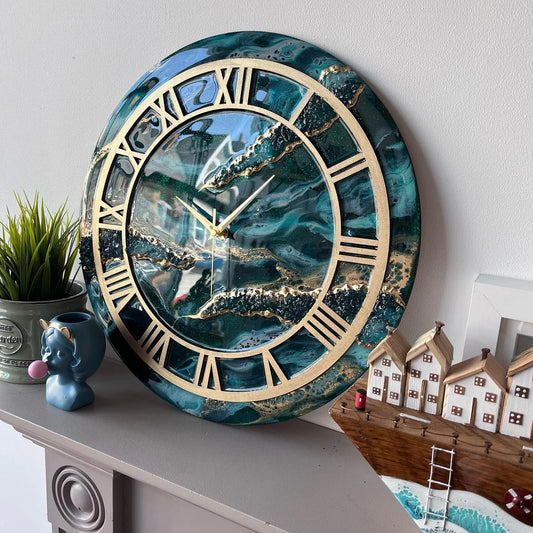 Shiny Ocean With Gold Bezel Resin Wall Clock